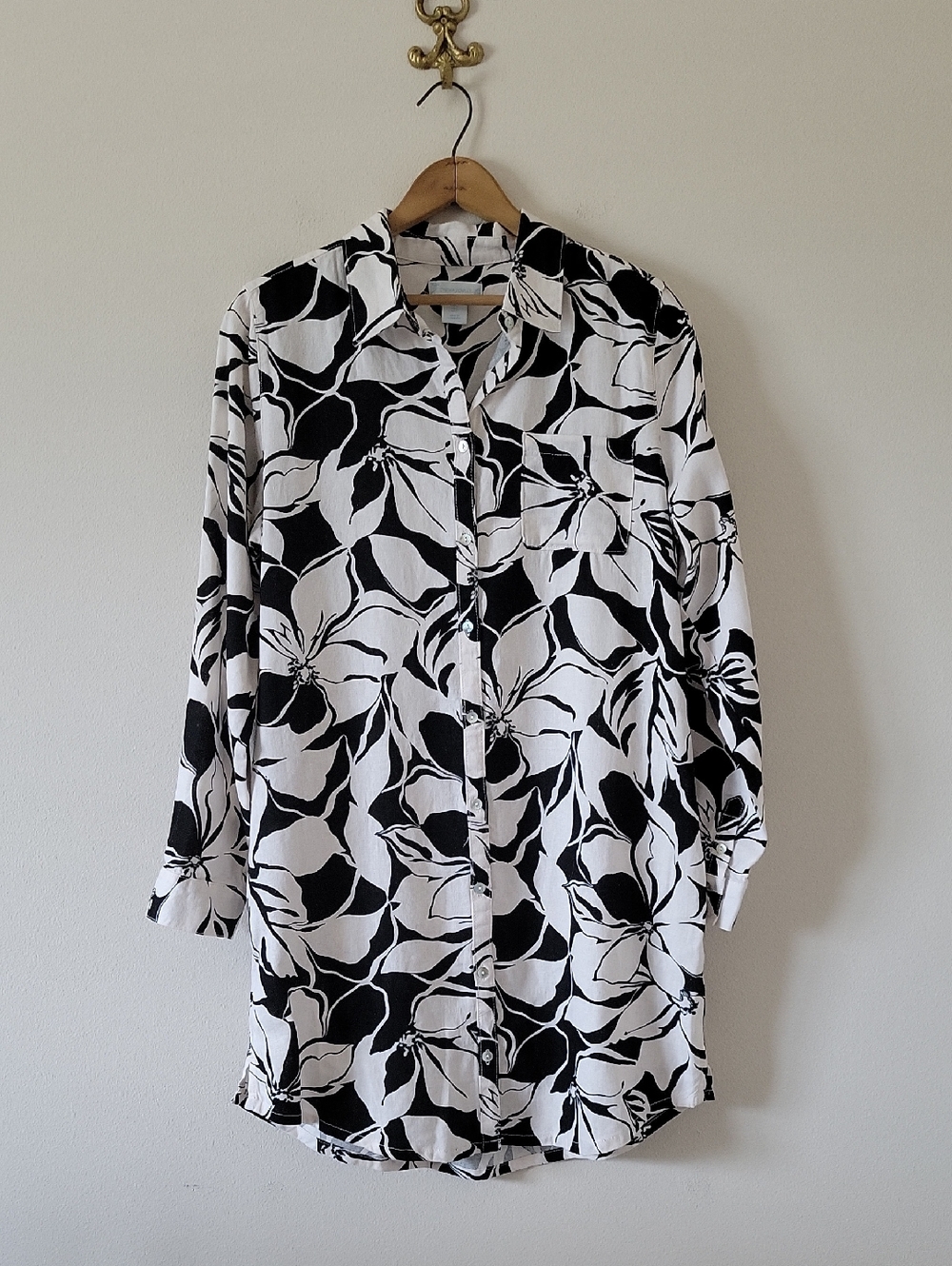 Cynthia Rowley Black White Floral Linen Rayon Shirt‎ Shift Dress Size Large